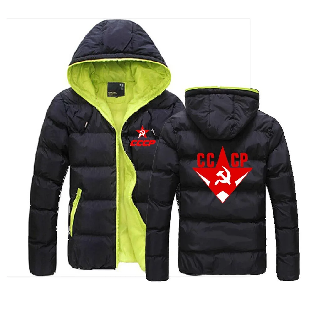 

CCCP Russian 2023 Men's USSR Soviet Union New Winter Fashion Printing Coat Color Block Zipper Hooded Cotton Padded Warmer Jacket