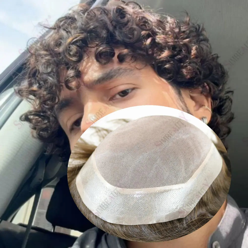 

18mm Curly Toupee for Men Breathable Mono Lace Top&PU Hairpiece 100% Human Hair Men's Hair Replacement System 15mm/20mm Curly