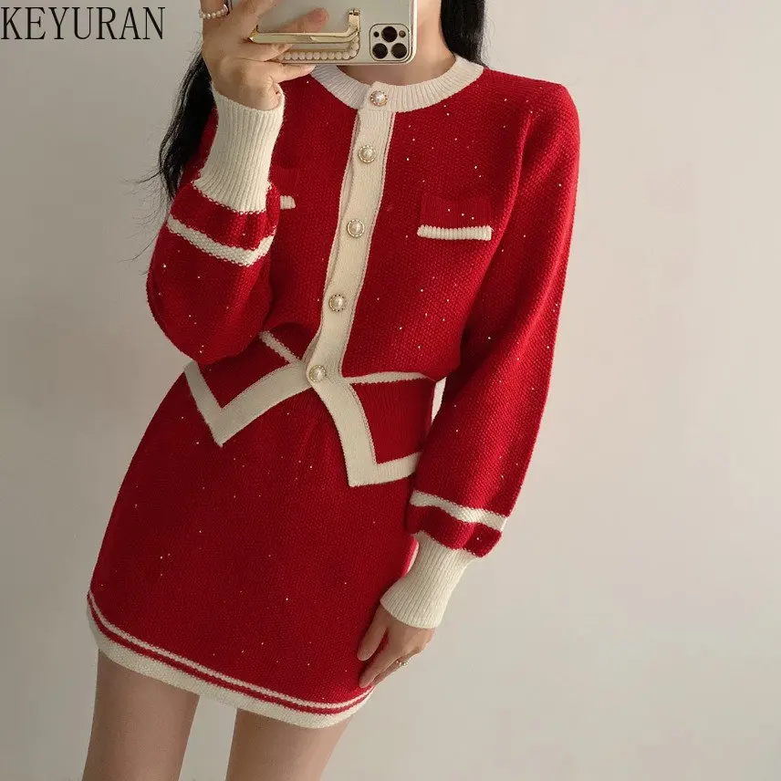 2023 Spring Vintage Sequin Knitted Two Piece Sets Womens Outifits Korean Style Sweater Cardigan + Mini Skirt Sets Womans Clothes