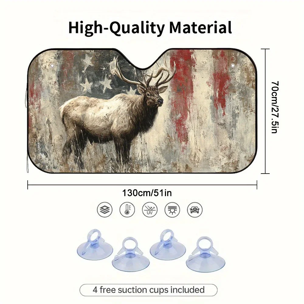 1pc Majestic Elk & Distressed American Flag Design Car Sunshade - Foldable Fit For Cars, SUVs, Trucks, 4 Suction Cups, Heat-Resi