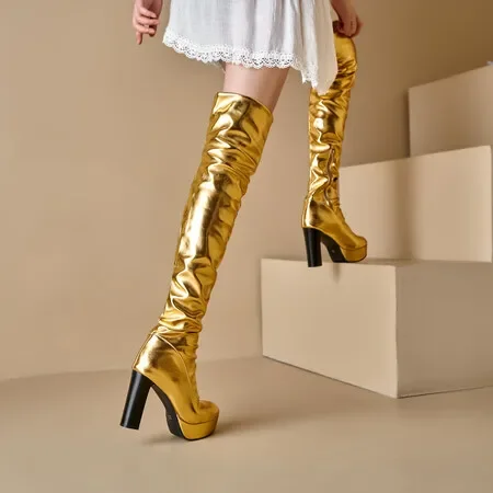 

Big Size 46 Women's Stretchable Overknees Boots Golden Super High Heels Boots Silvery Winter Thigh Shoes Lady Nightclub 2024