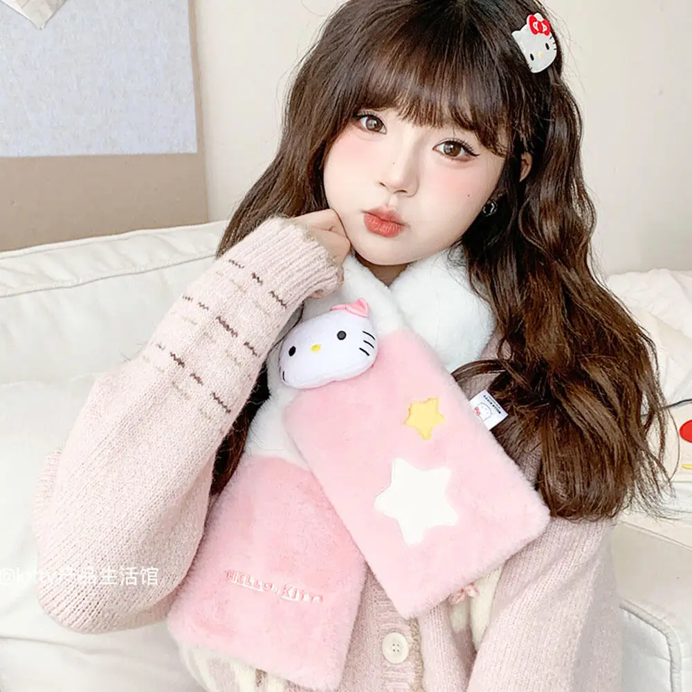 Bufanda gruesa de dibujos animados Cinnamoroll para mantener el calor Sanrio Kawaii Hello Kitty Melody bufanda de felpa Anime invierno niñas lindo regalo de Festival
