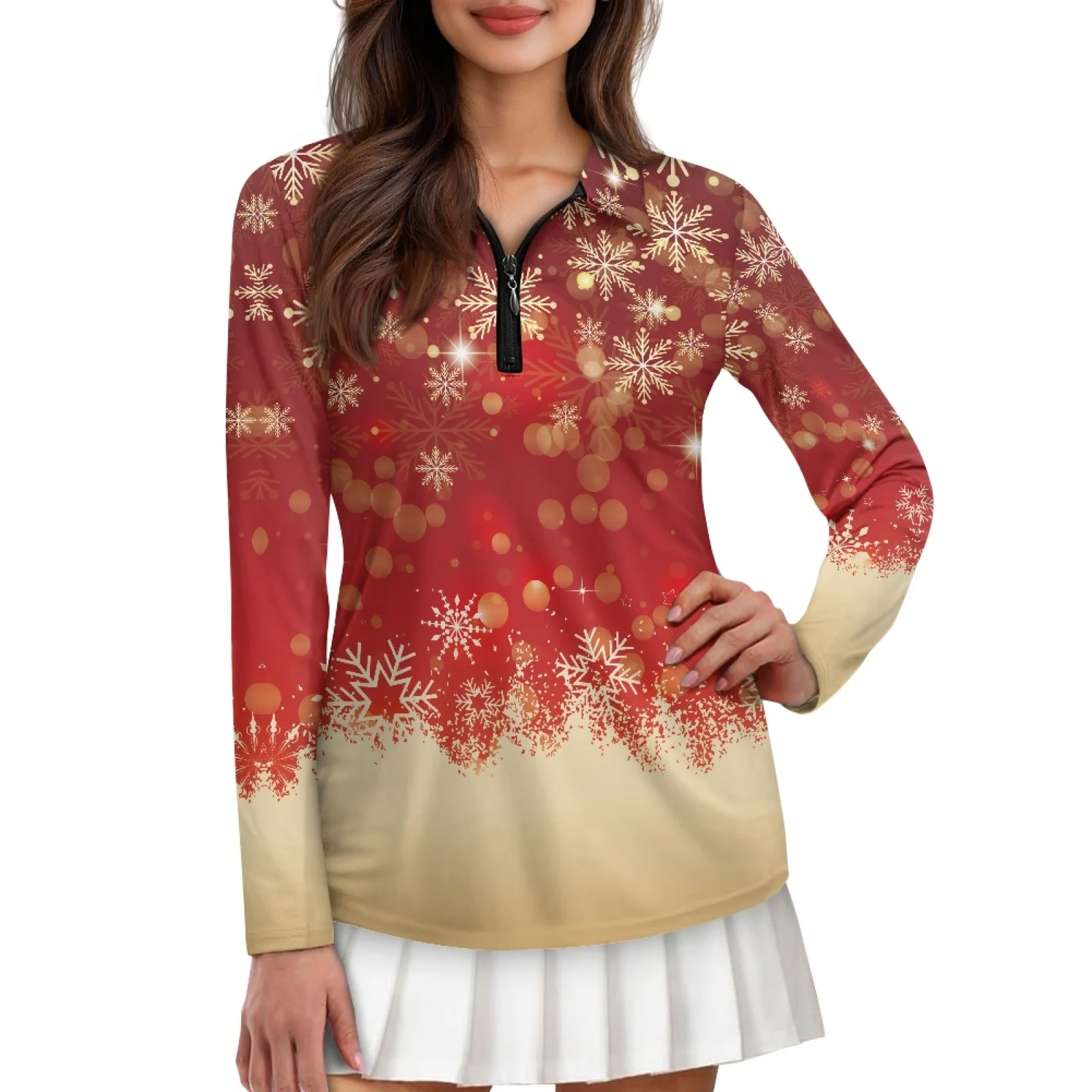PENSTROLL Golden Snowflake Red Womens Stretchy Ladies Golf Polo Shirts Slim Fit Hiking Tops for Yoga