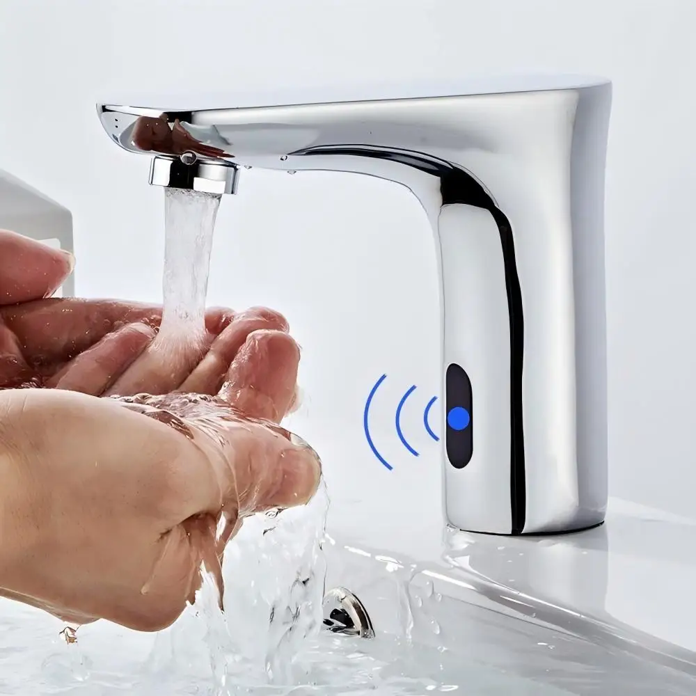 Automatic Infrared Induction Faucet Solid Brass Touchless Basin Tap Single Cold Water Deck Mounted for Home Commercial Bathroom