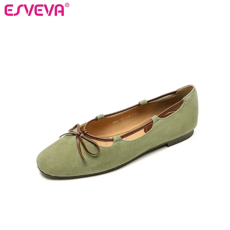 

ESVEVA 2026 Fashion Kid Suede Women Flats Shoes New Loafers Leather Woman Spring Bow Ballet Casual Shoes Round Toe Ladies 34-40
