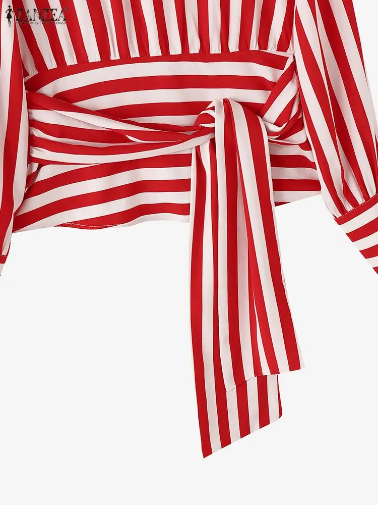 ZANZEA 2025 blusas a rayas rojas con lazo en la cintura para mujer, moda de otoño, Tops de cuello alto recortados de manga larga, ropa de mujer, ropa de calle