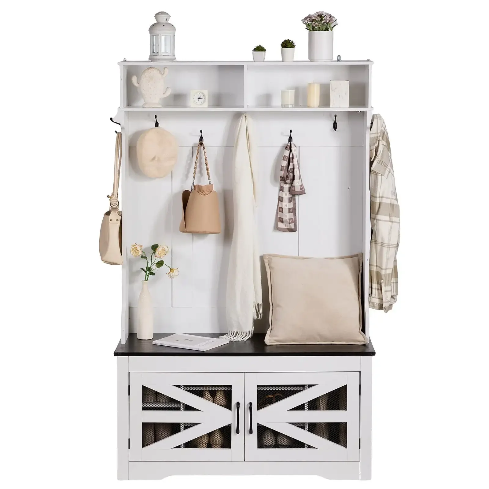 

Hall Tree Wooden Hall Tree with Bench 7 Hooks for Entryway & Hallway