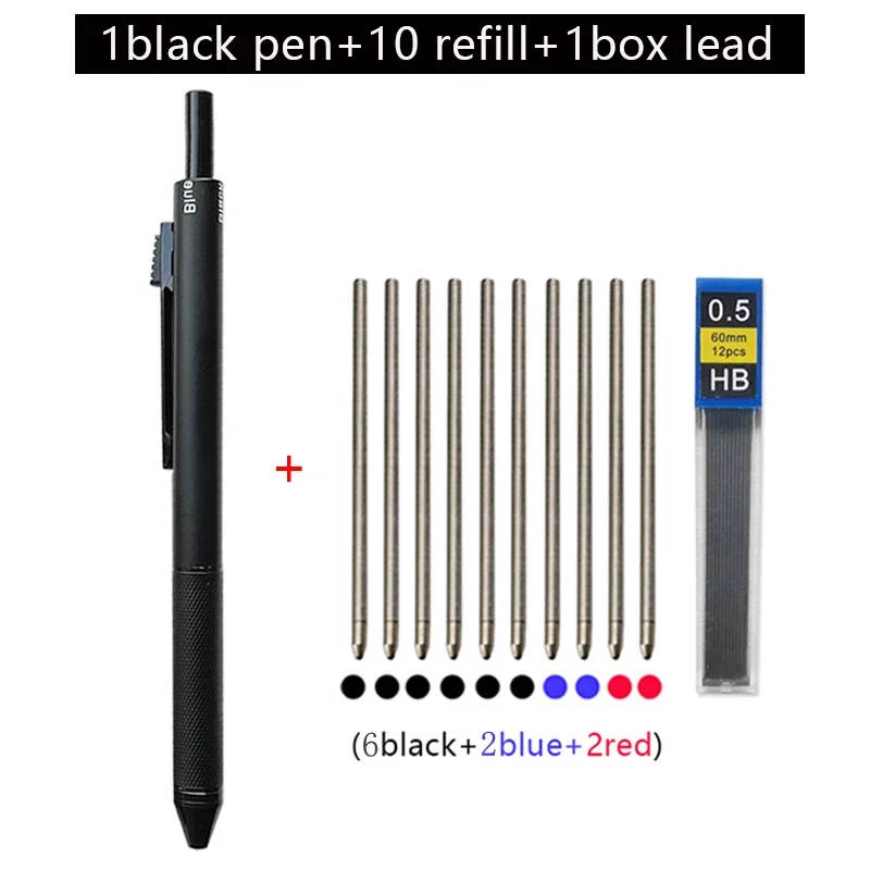 High Grade Metal Multicolor Ballpoint Pen 4 In 1 Ball Pen 0.7mm Black Blue Red Refills and Pencil Lead Offfice School Writing