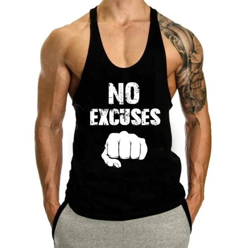 Men’s Summer Gym Tank Tops 100％ Cotton Breathable I-shaped Vest No Excuses Print Male Outdoor Sleeveless Swearshirt Fitness Tops