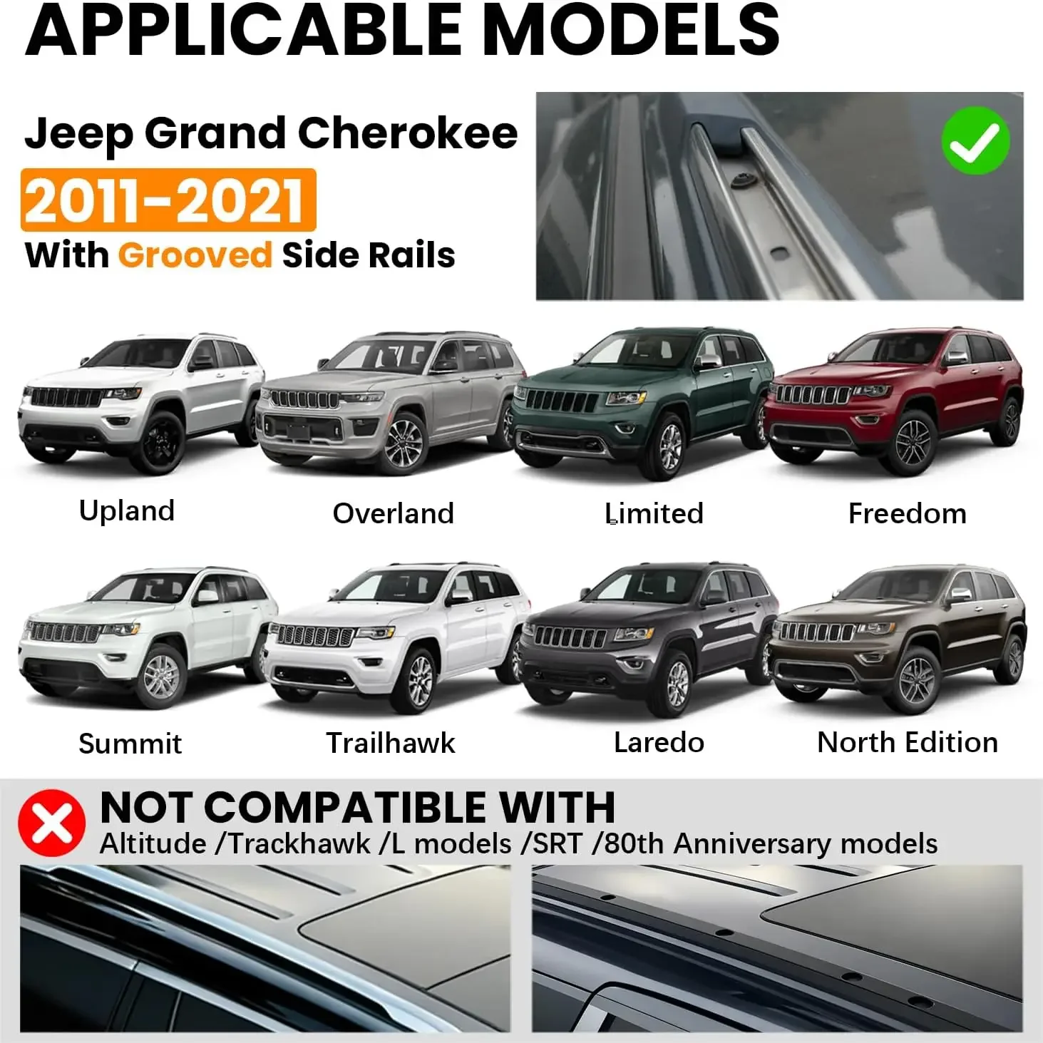 Roof Rack Cross Bars Compatible with Jeep Grand Cherokee 2011-2021 | Compatible with Factory Grooved Side Rails, Aluminum 300lbs