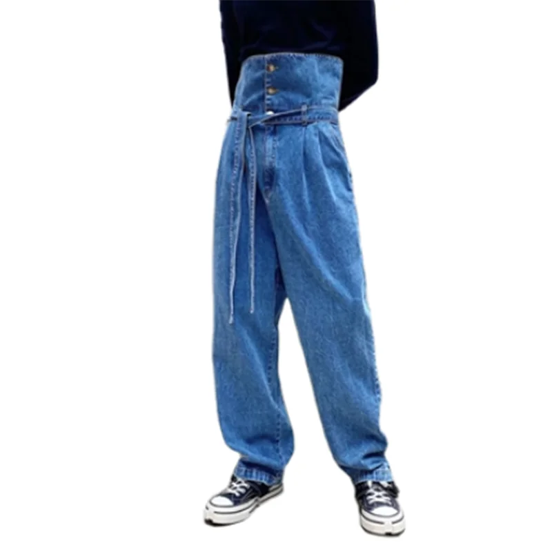 2023 Korean retro high-waisted jeans men\'s personality over waist head design feeling loose and thin straight leg wide-leg pants