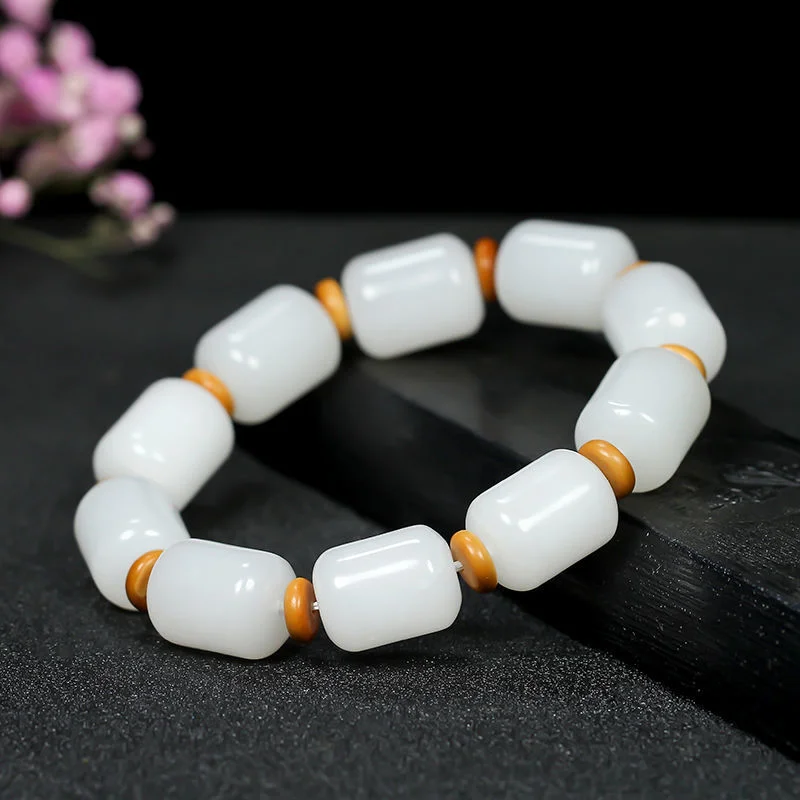 Natural Xinjiang Hotan Gold Silk Jade Barrel Pearl Jujube Bead Bracelet Men's Advanced Fashion Road Pass Handchain Jewelry