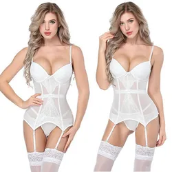 Ensemble de porte-jarretelles bas sexy pour femmes, corset en dentelle, ceinture corset, robe transparente, lingerie blanche en émail, mode féminine