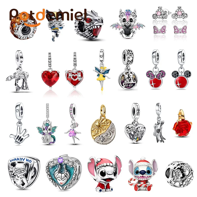 Potdemiel Disney 925 Silver Minnie, Mickey, Tinker Bell And Maleficent Pendant Bead Necklace Bracelet Diy Birthday Gift