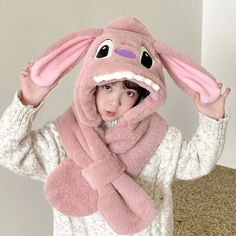 Disney Winter Children's Hats Scarves and Bibs Are Thickened and Kept Warm Stitch Plush Two-piece Ear Protection Baby Cold-proof