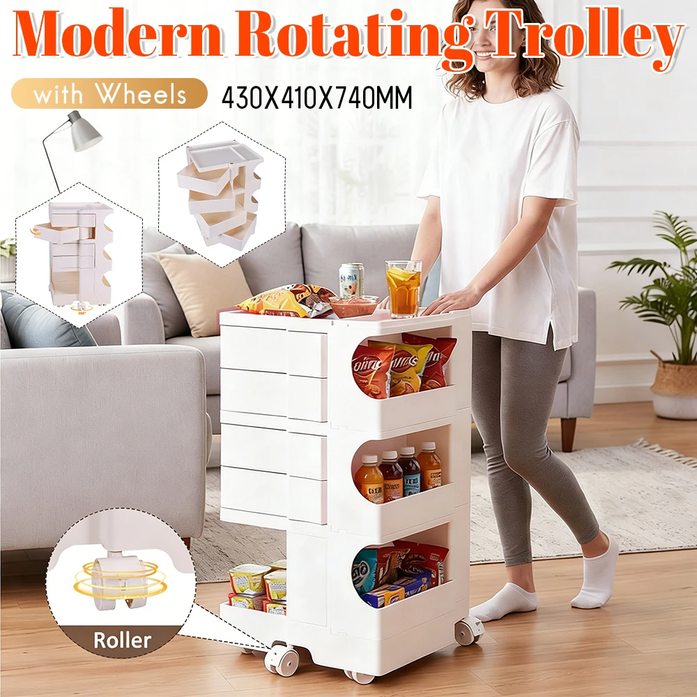 

Swing Out Drawers Multi-Layers Storage Cart with Wheels Large Capacity Mobile Trolley for Living Room Bedroom Snack Side Cabinet