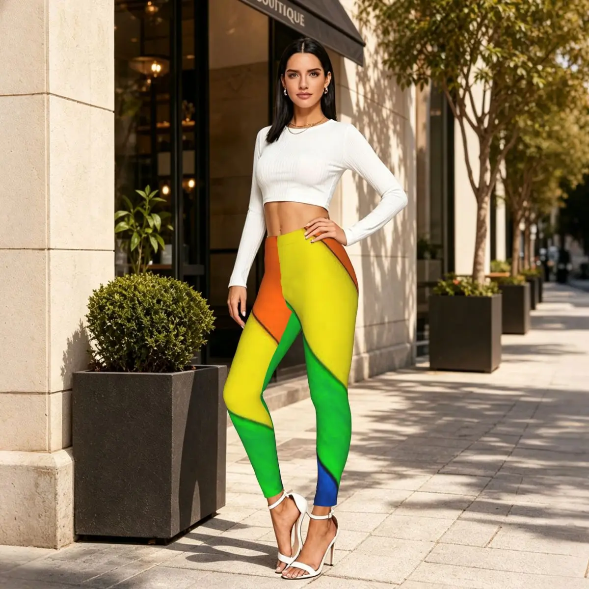 Women Full Length Elastic Leggings High Waist Tight Pants Trims In Rainbow Colors Casual Bottoms