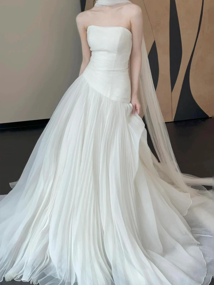 

Ele White Wedding Dr Morning Robe for Bride Forest System out Door Wedding Dr Sweet Sle Zipper Net Fabric Long Skirt