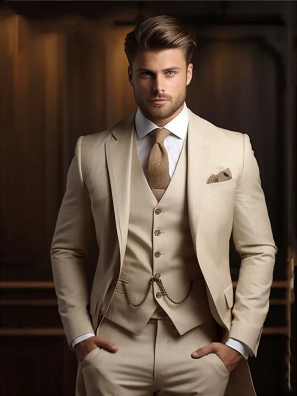 3 Piece Fashion Beige Suits Men Formal Party Business Blazer Shawl Lapel Wedding Groom Tuxedo  Jacket Vest Pants Costume Homme