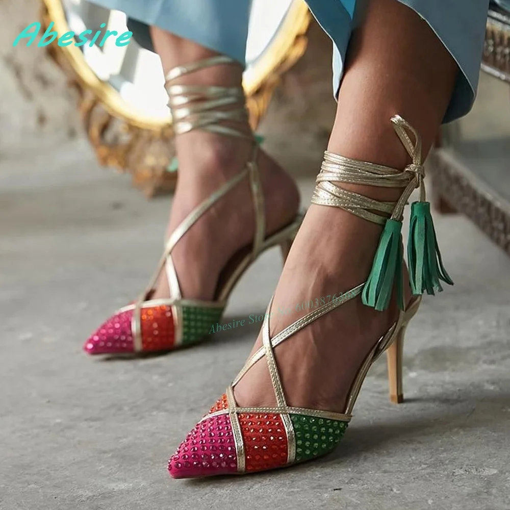 Mixed-Color Crystal Patchwork Fringe Sandals Pointed Toe Thin Heels Ankle-Strap Shoes for Women Elegant Street Style Shoes New