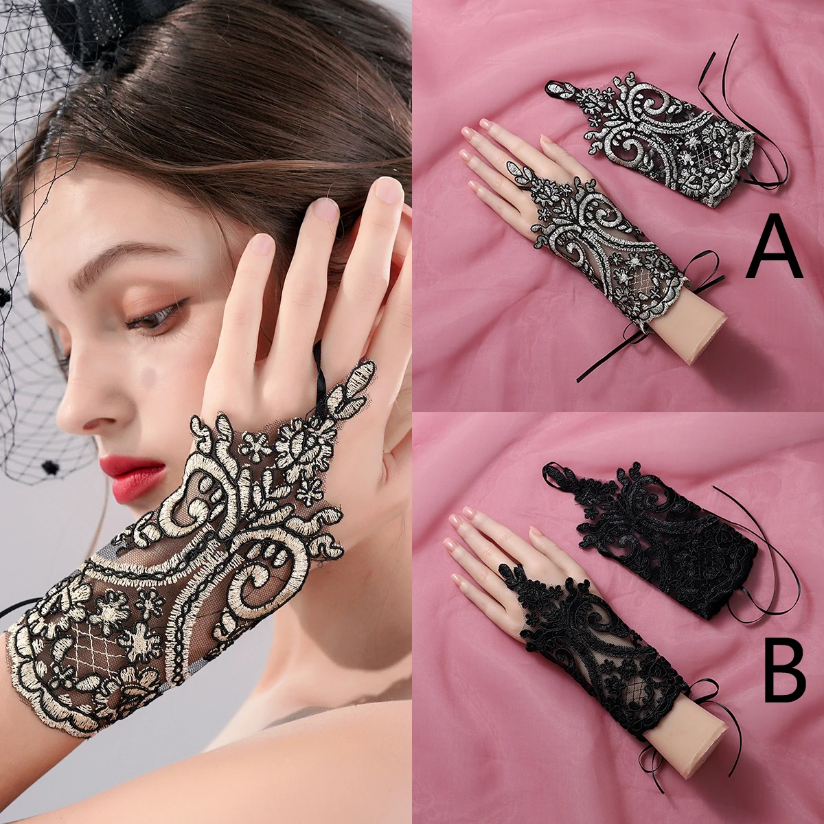 A pair of hooked finger style wrist length gloves, suitable as accessories for bride weddings or women's dances