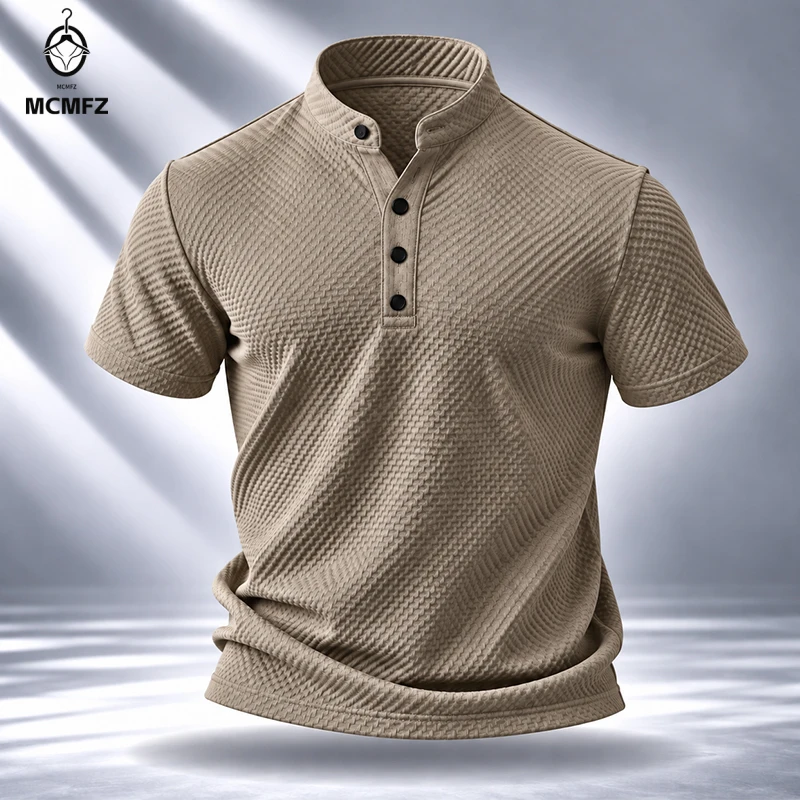 Comfortable Mens Stand Collar Tee Durable Stitching Waffle Premium Fabric Top For Travel Home Relax And Daily Activities
