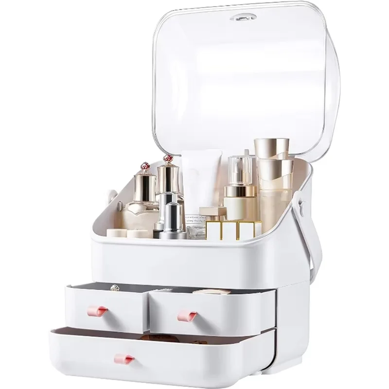 

【Hot Selling】Makeup Organizer Holder Cosmetic Storage Box With Dust Free Cover Portable Handle,Fully Open Waterproof Lid, Dust P