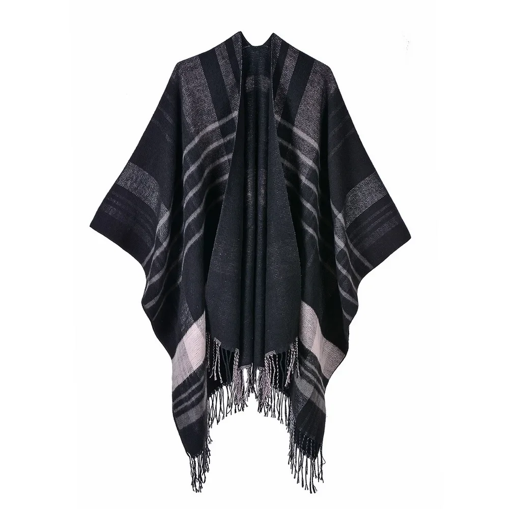 Women's Scarf  Lattice Tassel Imitation Cashmere Versatile Extra Thick Warm Shawl European American Cloak Cape  Ponchos Black