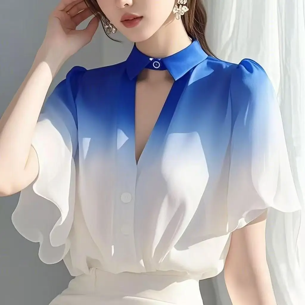 

French Fashion Elegant Office Lady Casual Chiffon Gradient Color Blouse Tops Women Shirts Short Sleeve Loose Blusas Mujer Summer