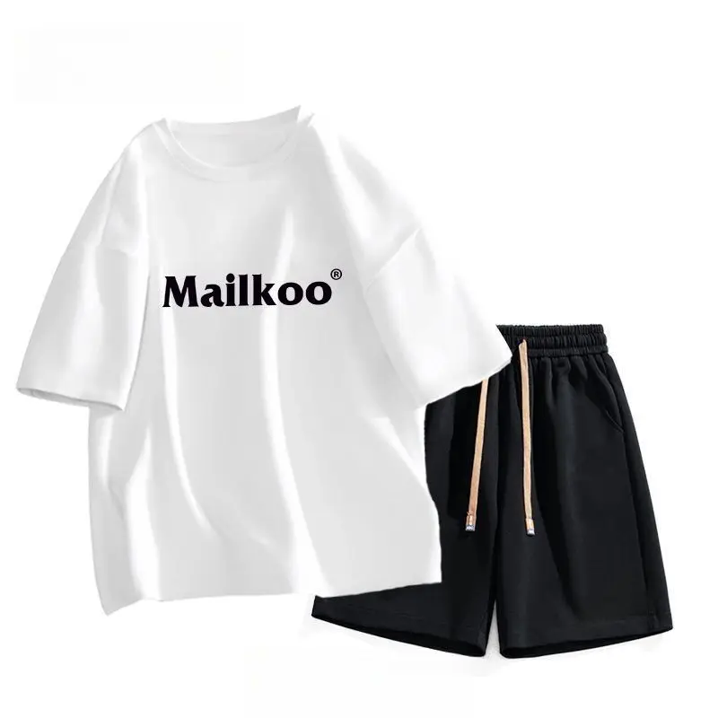 

Boys College Style Suit with T-shirt Short-sleeved Summer Two-piece Set, Milk Department Niche Loose Elastic Waist