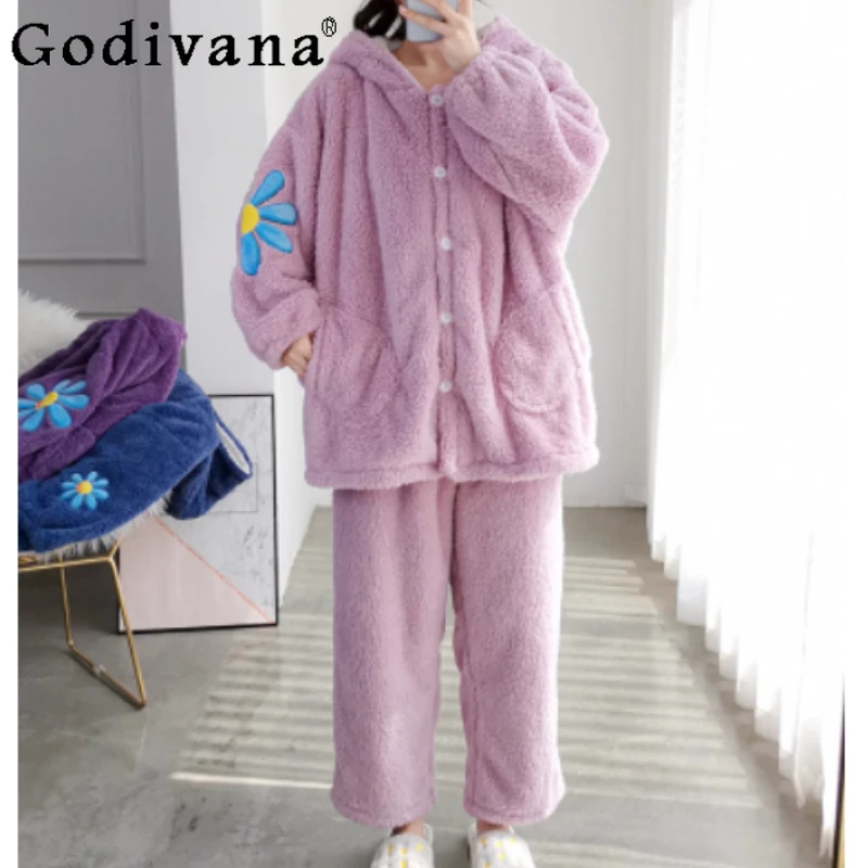 

Plus Size Women Winter Flannel Cardigan Hooded Pajamas Thickened Warm Loose Comfortable Elastic Waist Trousers Two-piece Set