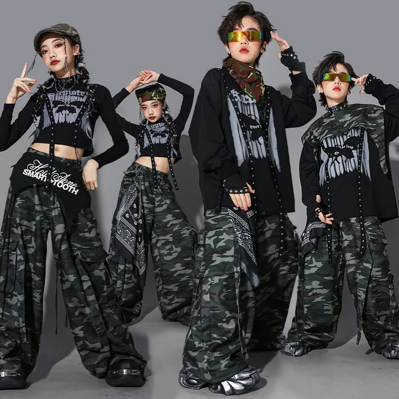 Kpop Cool Jazz Dance Kleidung Mädchen Schwarz Tops Lange Ärmel Camouflage Hosen Jungen Hip Hop Wettbewerb Kleidung Bühne Tragen BL17096