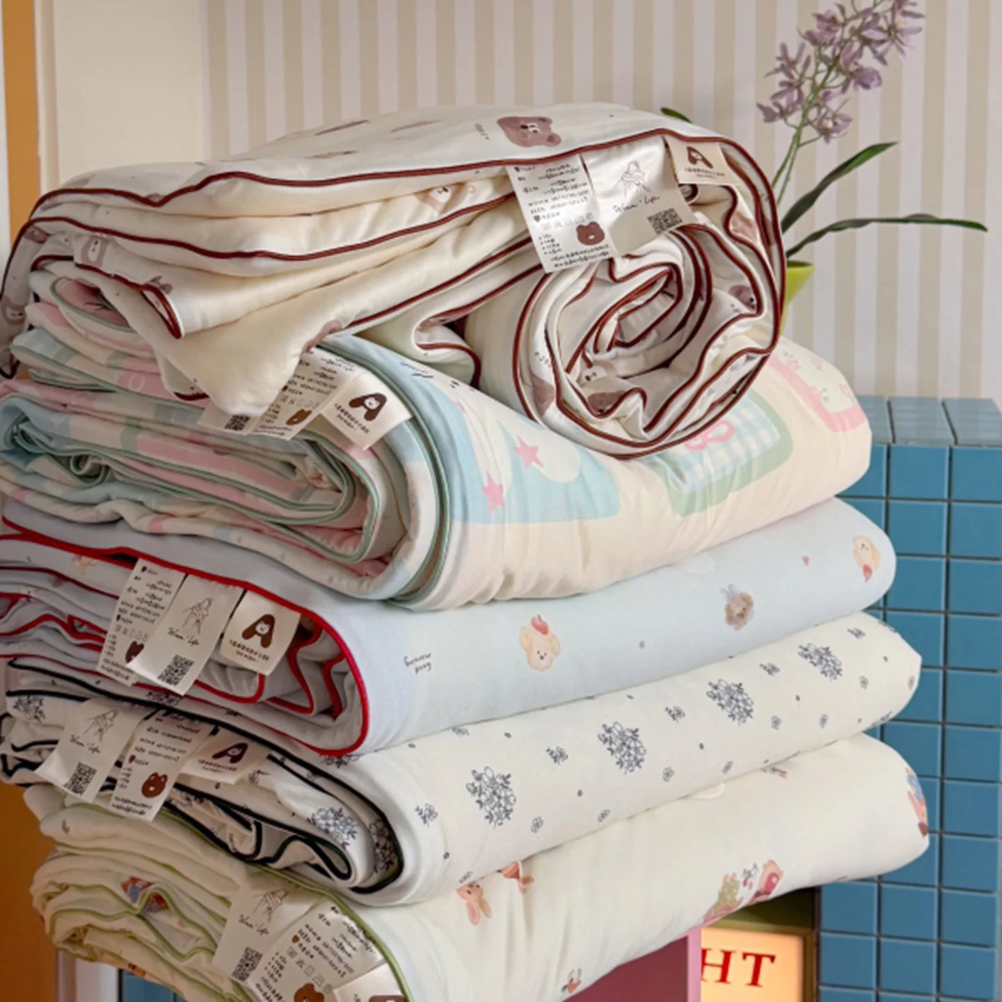 Printed Summer Cooling Duvet 1-Piece Soybean Fiber Breathable Cooled Air Condition Blanket Single Double Summer Thin Comforter