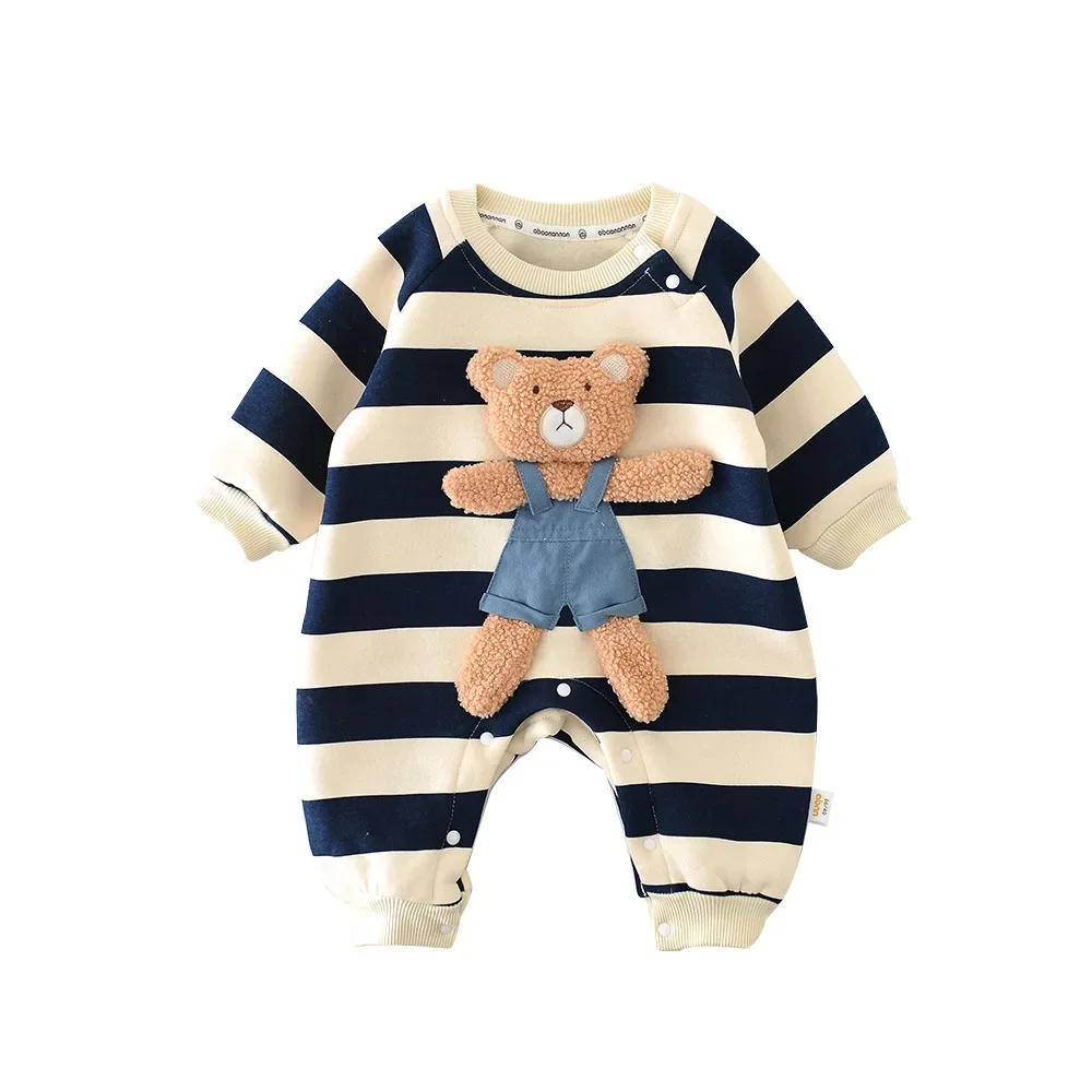 Spring Baby Rompers Thicken Lining Boys Jumpsuits Cartoon Bear Stripes Outfit