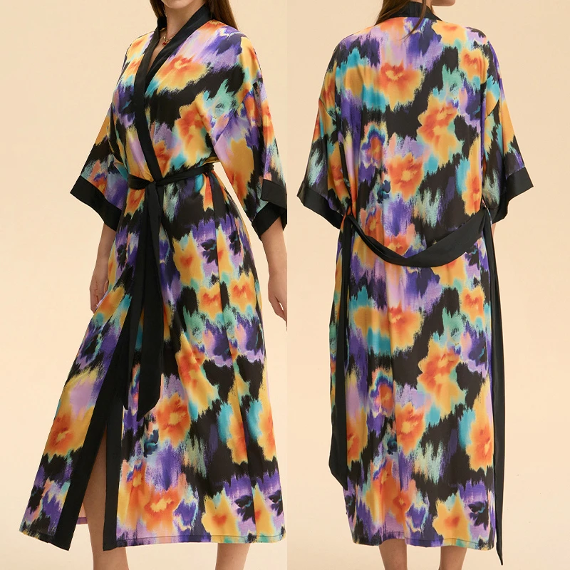 

Женский длинный халат с цветочным принтом, сексуальный шелковистый атласный свадебный халат, кимоно, халат, одежда для сна, свободное домашнее платье, ночная рубашка