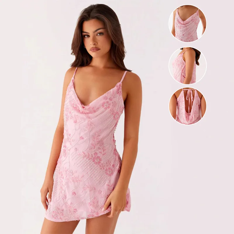 

Sexy V-neck Halter Mini Dresses Women Retro Sleeveless Backless Dress Female Fashion High Street Holiday Sequined Beach Dresses
