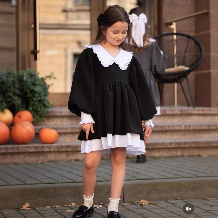 2026 Russian Girls Spring and Autumn Silk Satin French JK Skirt Court Style Color Blocked Children Ruffle Edge Dress