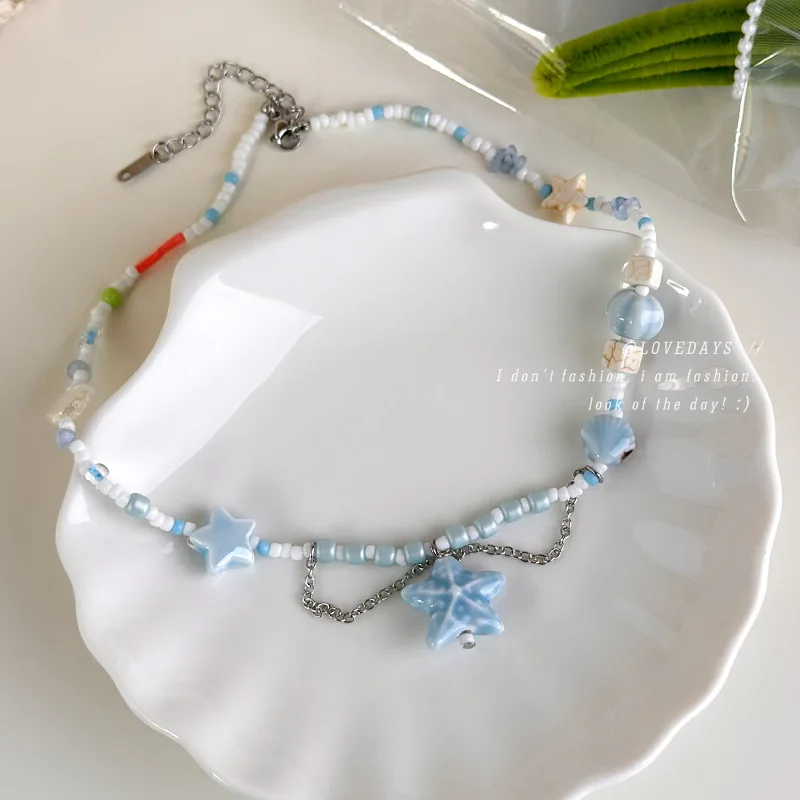 Unique Blue Starfish and Shell Beaded Ceramic Collarbone Necklace Seaside Vacation Handcrafted Style Standard Size