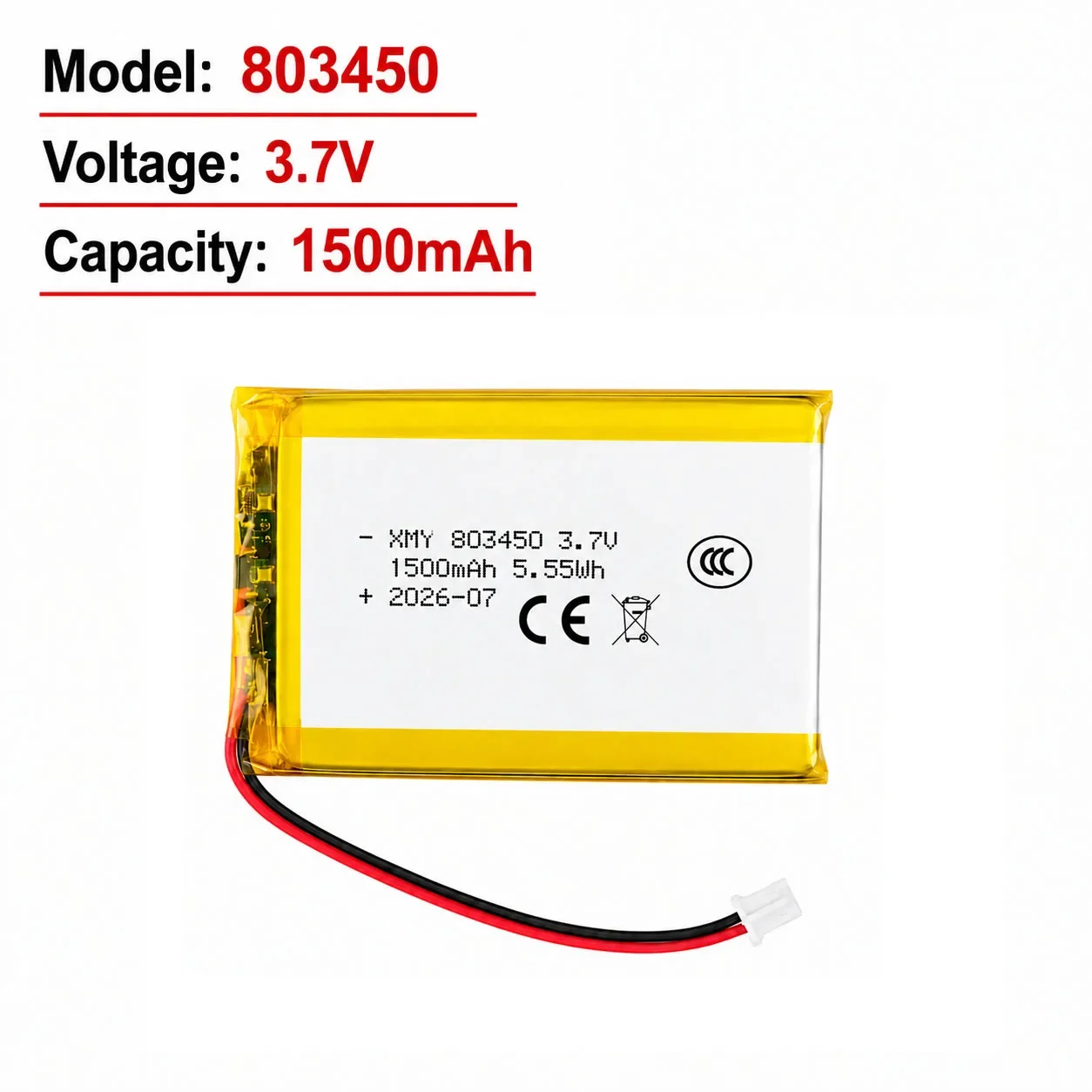 3.7V 1500mAh 803450 LiPo Rechargeable Battery for Camera GPS MP5 Bluetooth Headset Intercom PH2.0 Plug