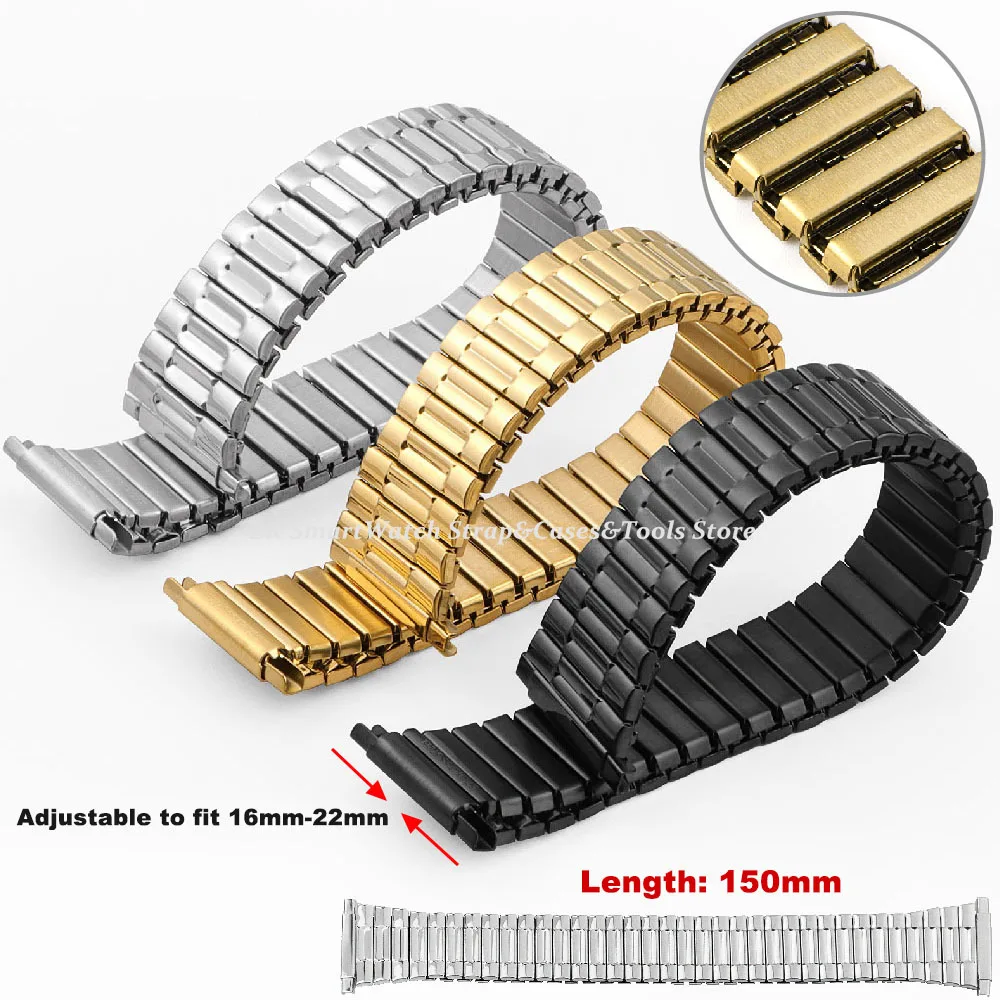 Adjustable Width 16mm-22mm Elastic Watch Strap Expansion Stainless Steel Band Belt Silver Black Women Men Bracelet Accessories