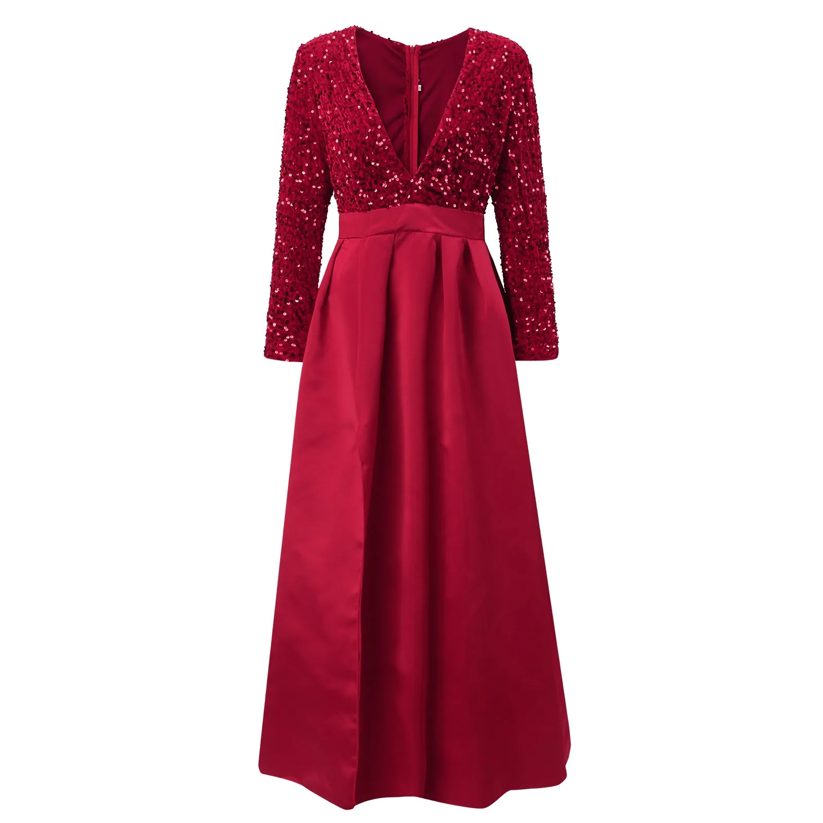 Robe de soirée rouge à paillettes pour femmes, manches longues, col en V profond, nouvelle mode sexy, haute qualité