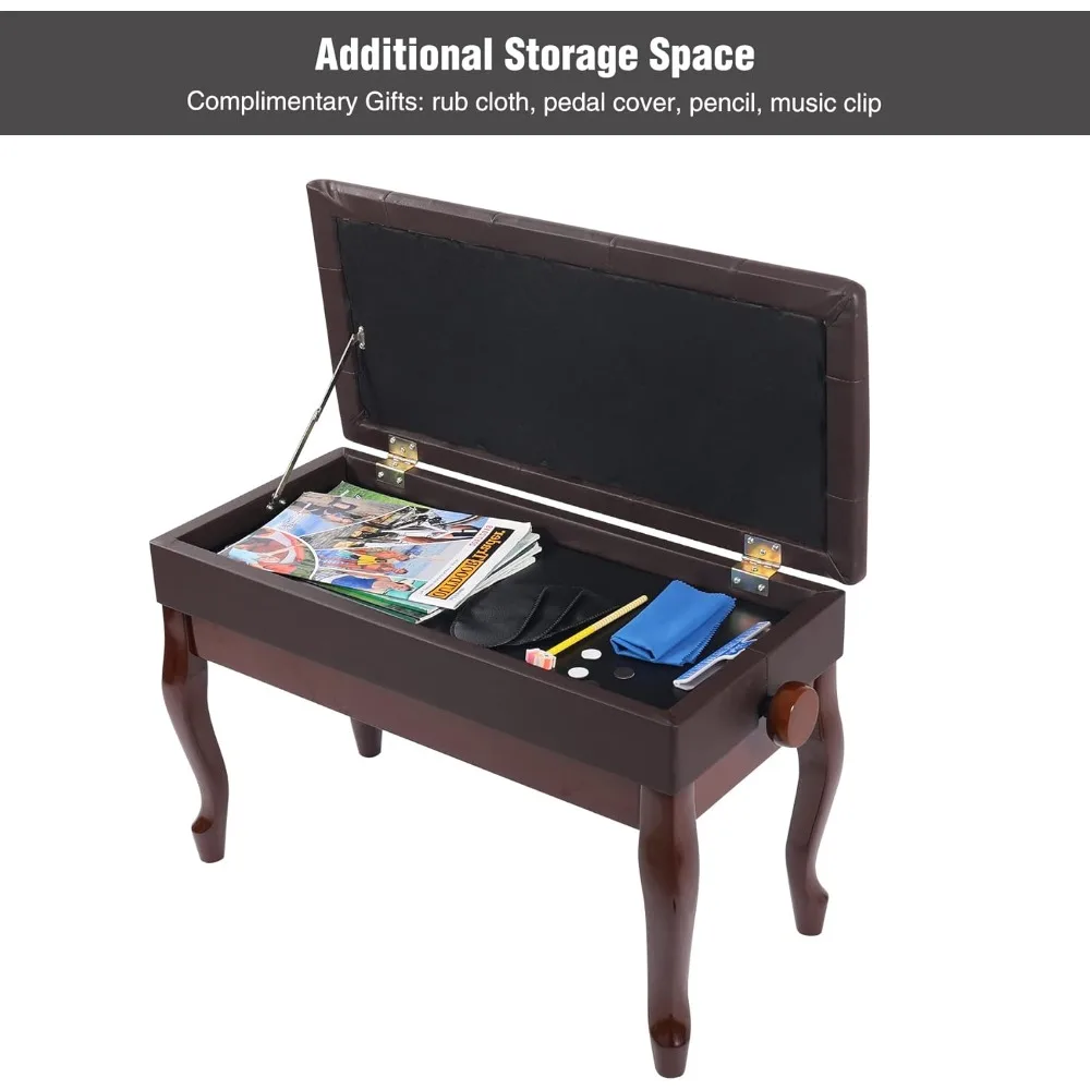 収納付きデュエットピアノベンチ、頑丈な木製ダブルキーボードピアノベンチシート、PUレザークッション付き、ブラウン