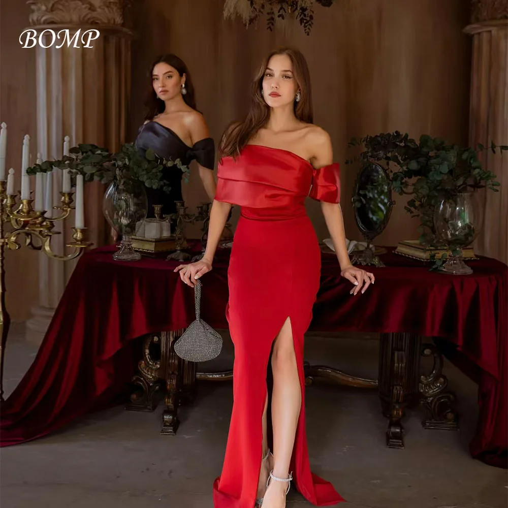 

BOMP Elegant Dark Red Evening Dress Off Shoulder Pleat Mermaid Sweep Train Side Slit Satin Wedding Party Dresses Customized