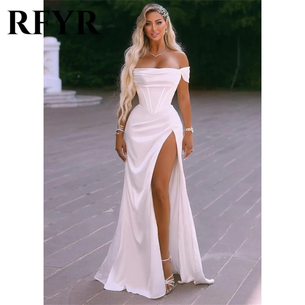 

RFYR White Mermaid Long Evening Dress Stain Off the Shoulder Party Dress For Wedding Special Occasion Dress with Slit Customized