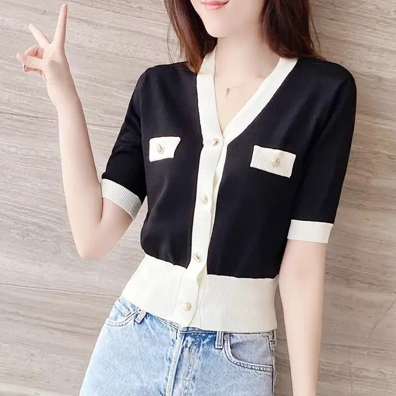 Women Clothing Elegant Solid Patchwork Button Cardigan Summer Casual Loose V-neck Short Sleeve Top Lady Fashion Thin Knits