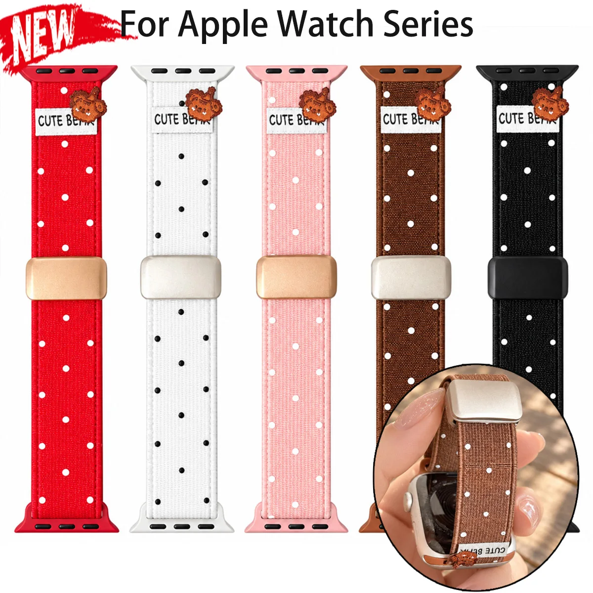 Magnetisches Nylonarmband für Apple Watch Band Ultra4/3 49mm S12 11 42/46mm Polka-Dot Bär Niedliches Armband für IWatch 9 8 7 45 41 38 40mm
