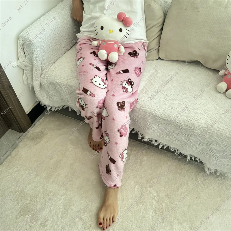 Sanurgente-Pantalon Hello Kitty pour femme, pyjama de dessin animé mignon, velours élastique doux, FJM confortable, pantalon pour la maison, cadeaux