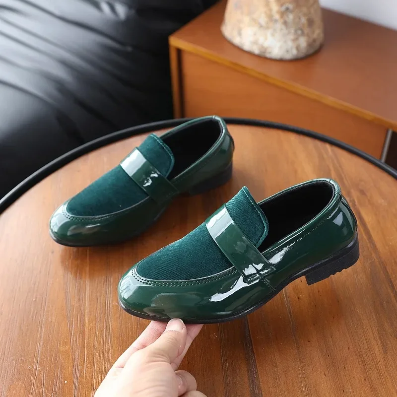 Mumoresip Children Leather Shoes Glossy Patchwork Boys Pointed-toe Uniform Shoes Formal Performance Non-slip Kids School Loafers