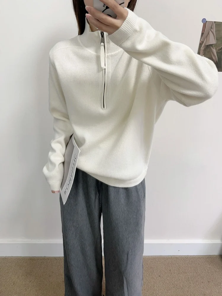 

Ele Korean Sle Knitted Wool Sweater 00 Wool Embroidered f Zip Stand Collar Loose Fit Slimming Versatile Autumn Wint...