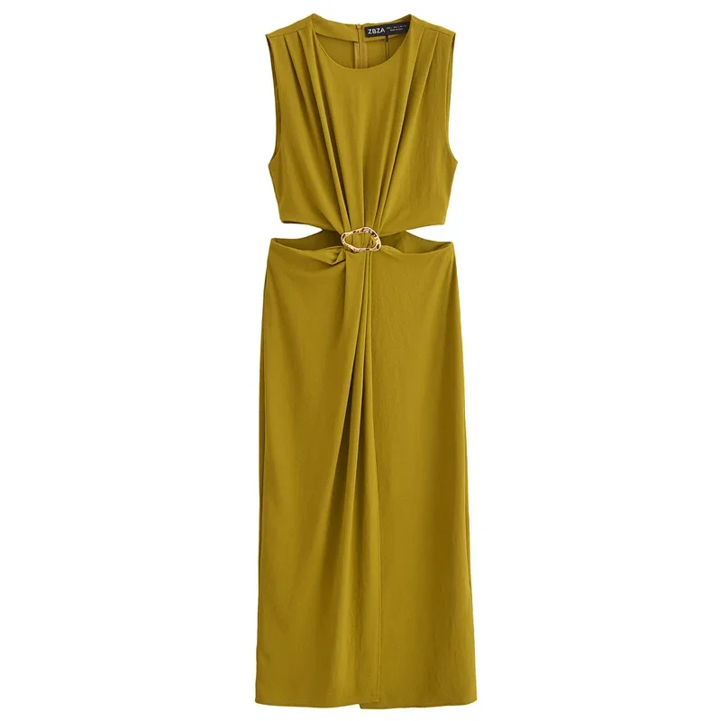 TRAF Women's Dress  Buckles Cut-Out Dresses Elegant Party Dresses Black Green Khaki Dress Midi Sleeveless O-Neck Sexy Vestidos
